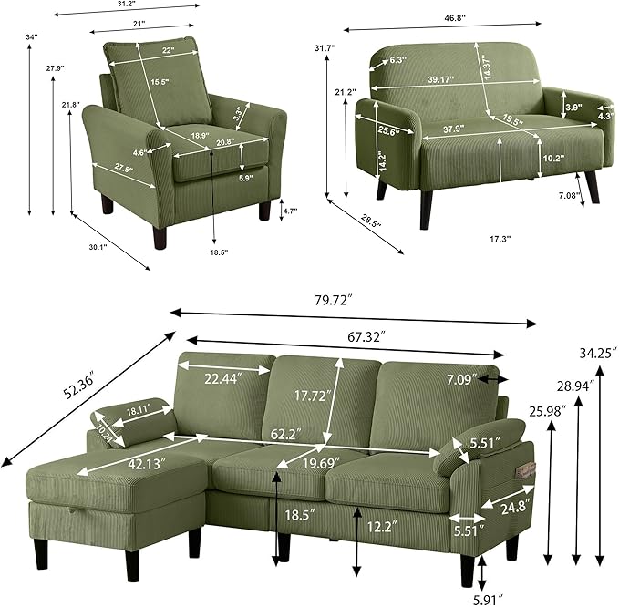 4 Pieces Corduroy Living Room Sets with Sofa Ottoman Loveseat and Chair
