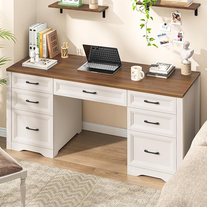Vabches Farmhouse Executive Desk Wood Home Office Desk with 2 Large File Drawers and 5 Storage Cabinets Rustic Writing Desk for Work and Study Brown