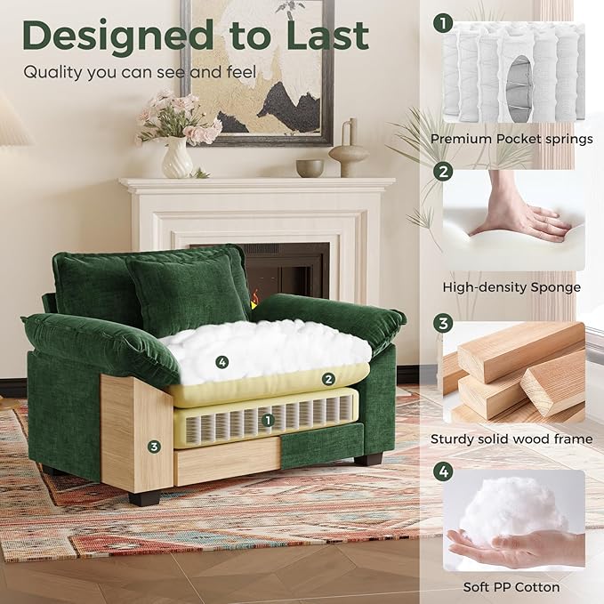 HUSFU 49.5'' W Oversized Accent Chair Chenille Cloud Sofa Chair with Deep Seat and Extra Wide Armrests Comfy Reading Armchair for Bedroom Living Room Set of 2 Green