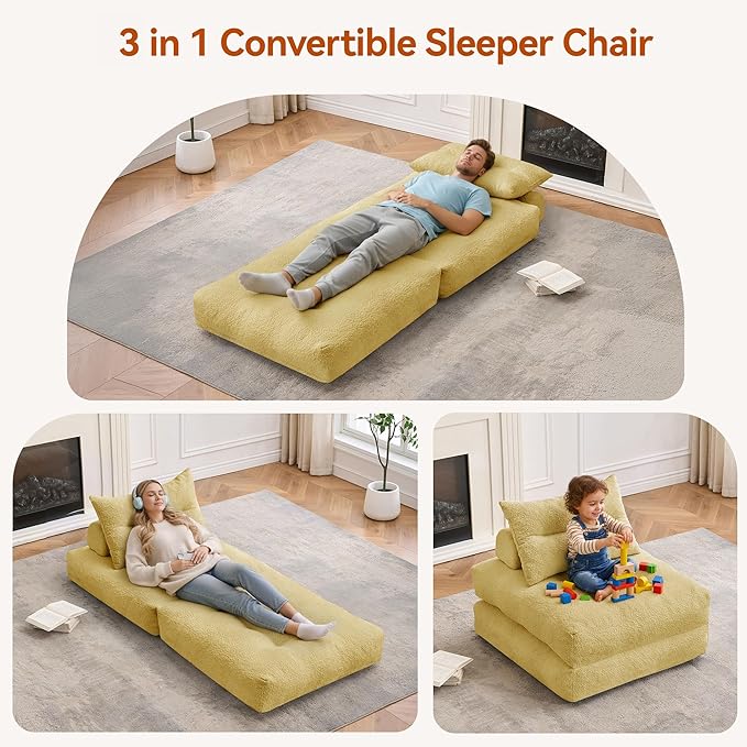 Folding Sofa Bed Fold Out Chair Bed with Pillow Convertible Sleeper Chair for Living Room/Small Spaces Foldable Lazy Sofa Bed Floor Chair Comfy Teddy Velvet Couch Bed Yellow