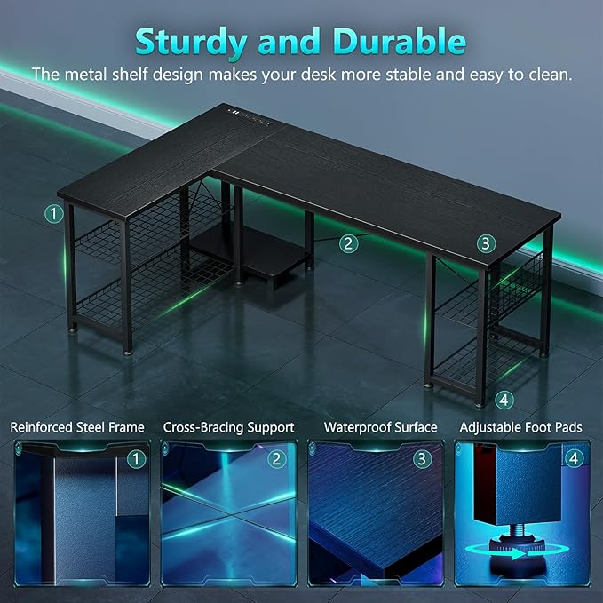 Casaottima 59 Inch L Shaped Gaming Desk with Shelves &amp Power Outlets Reversible Computer Desk with Storage Shelves for Home Office Black
