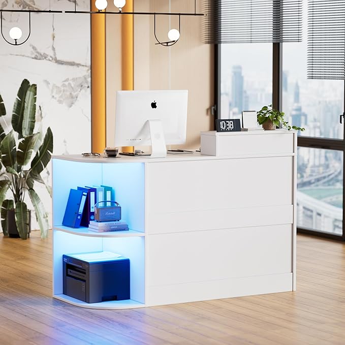 Modern Reception Desk with LED Light and Open Shelves Front Desk with Lockable Drawers &amp Keyboard TrayReception Counter Table with Storage for Checkout Office Lobby Nail Salon Spa (C.White)