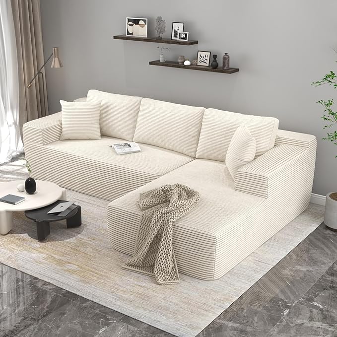 OC Orange-Casual 106.3 Cloud Sectional Couch with L-Shape Chaise No Assembly Required Modular Sofa Upholstered Boneless Couches for Living Room Plush Corduroy Fabric (White Right Facing Chaise)