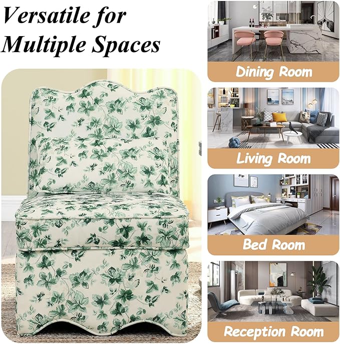 Floral Accent Chair Comfy with Pillow Armless Accent Chair for Bedroom Slipper Chair with Soft Seat Cushion and Backrest Side Chairs for Living Room Flannel Fabric Wave-Shaped (Green)