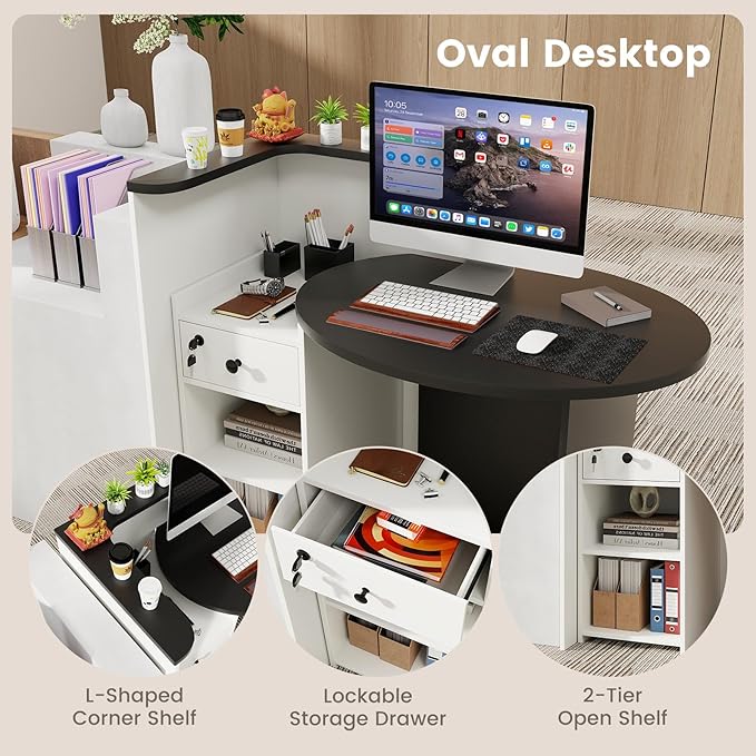 Reception Desk Small Retail Checkout Counter with Lockable Drawer and Open Shelves Wooden Computer Workstation for Home Office Lobby White Oval Desktop &amp Black Counter