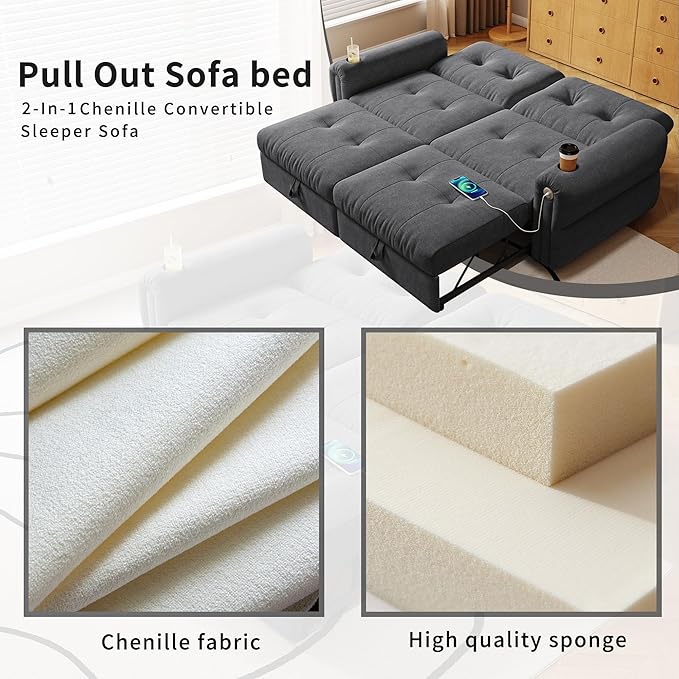 77 Pull Out Sofa Bed Velvet Convertible Sleeper Couch Loveseat Chaise Lounge with Cup Holder and USB Pullout Futon Sofa Bed for Living Room Bedroom Small Spaces RV (Dark Grey)