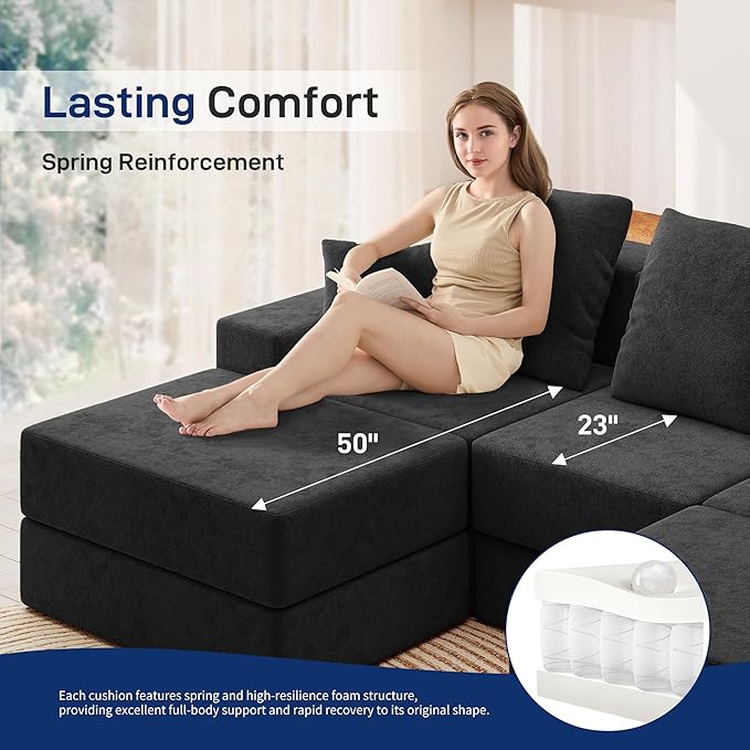 Living&ampGiving 101 U-Shaped Cloud Sectional Couch for Living Room Cloud Boneless Couch-No Assembly with Reversible Chaise Customizable 3-Seat Modular Sectional Sofa with 2 Ottoman Black