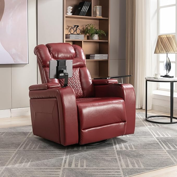 270 Degree Swivel PU Leather Power Recliner Individual Seat Home Theater Recliner with Comforable Backrest Tray Table Phone Holder Cup Holder USB Port Hidden Arm Storage for Living Room Red