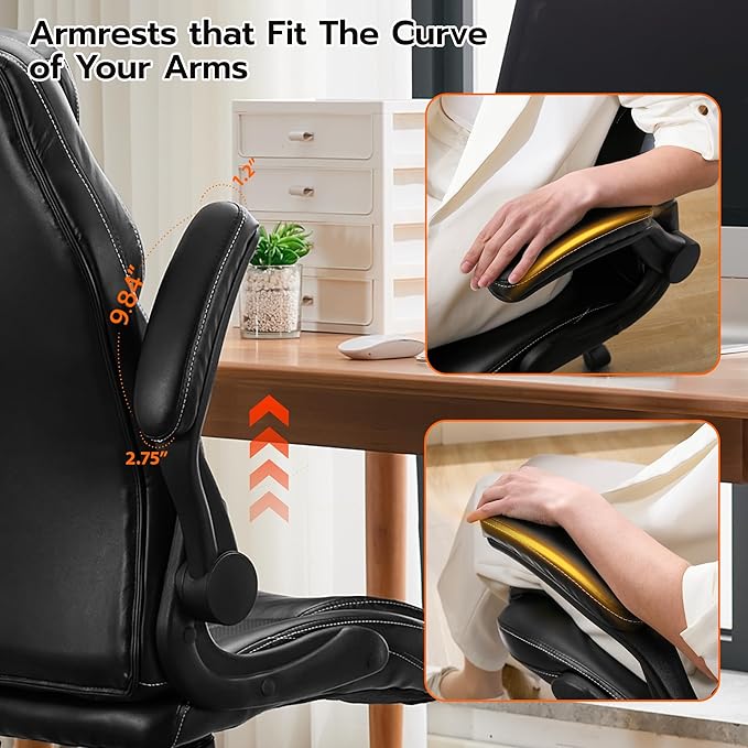 Office Desk Chair Ergonomic Computer Chair with Padded Flip-Up Arms and Adjustable Lumbar Support PU Leather Executive Chair with Tilt Lock and 360° Swivel Rolling Wheels for Work Study