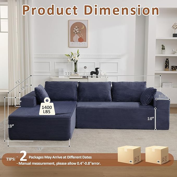 110 Boneless Sectional Couch with Chaise Lounge Cloud Couch Compressed Sofa L Shape No Assembly Memory Foam Sofa for Living Room Blue Corduroy