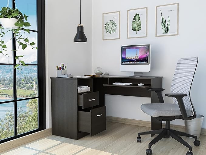 Home Office Desk Glendale 2-Drawer 1-Shelf L-Shaped Computer Desk Black Wengue for Study Office Small Apartment