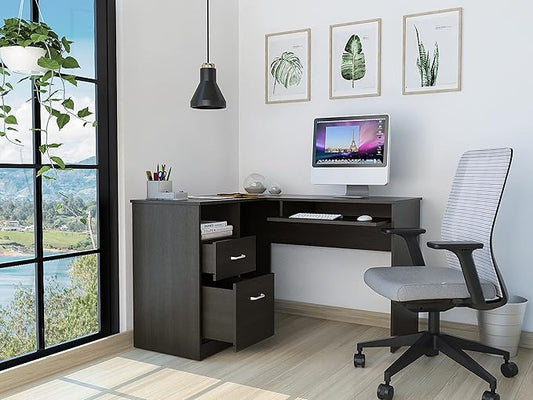 Home Office Desk Glendale 2-Drawer 1-Shelf L-Shaped Computer Desk Black Wengue for Study Office Small Apartment