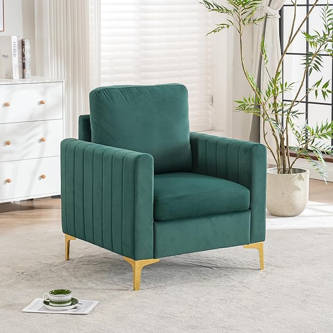 Modern Velvet Accent Chair for Living Room &amp Bedroom Comfy Reading Armchair with Gold Metal Legs (1 Green)