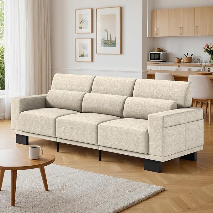 Gizoon 89 Inch Modern Sofa 3-Seater Chenille Couch with Wide Armrests &amp Deep Cushions for Living Room Bedroom and Apartment Beige