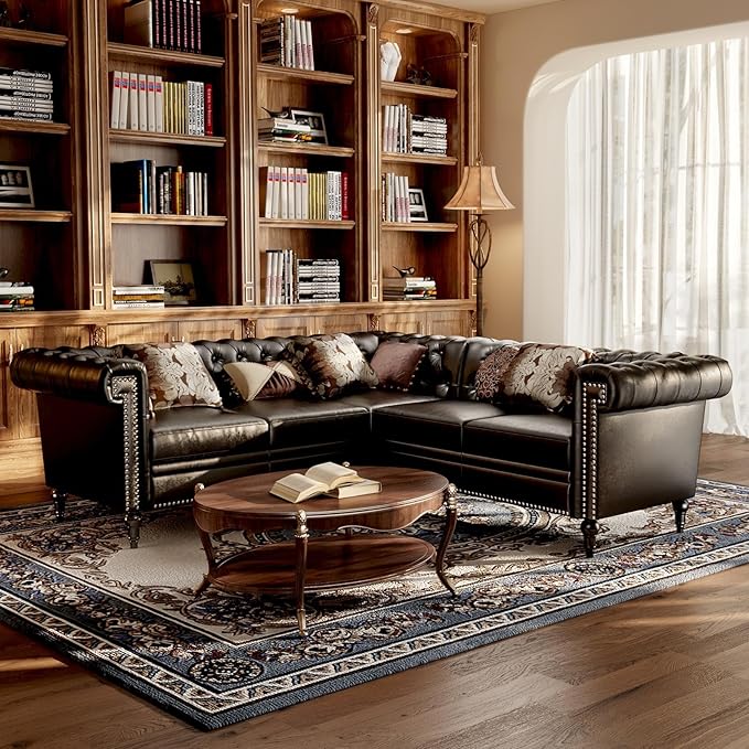 Faux Leather Sectional Sofa for Living Room Modern Chesterfield Reversible L Shaped Couch with Rolled Arms and Nailhead 5 Seat Corner Sofa Couch for Small or Large Space (Black)