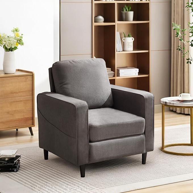 Mid Century Accent ChairModern Linen Fabric Armchair for Living RoomDouble Side Pockets Comfortable and Padded Reading Feature Sofa Chair Suitable for bedrooms Living Rooms and Offices(1 Pcs