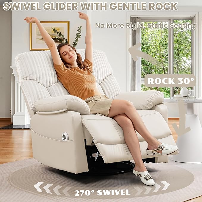 GRAINELL Swivel Rocker Recliner Chair with Massage and Heat USB Charging Port Infinite Position Power Recliner Electric Glider Rocking Chairs for Living Room Nursery (Lvory)