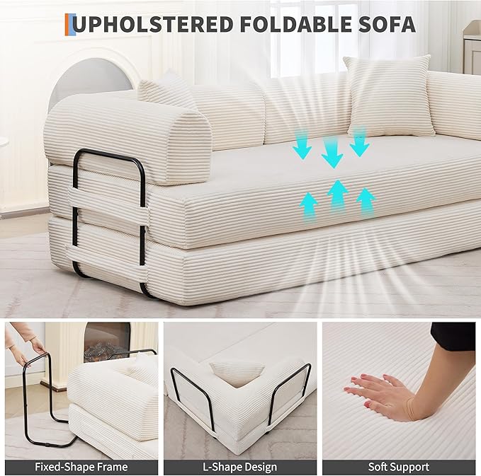 IDEALHOUSE 4 in 1 Convertible Sleeper Sofa Bed Couch 79 Inch Boneless Corduroy Floor Couch with Pillows No Assembly Modern Deep Seat Sofa Futon Mattress for Living RoomApartmentBeige