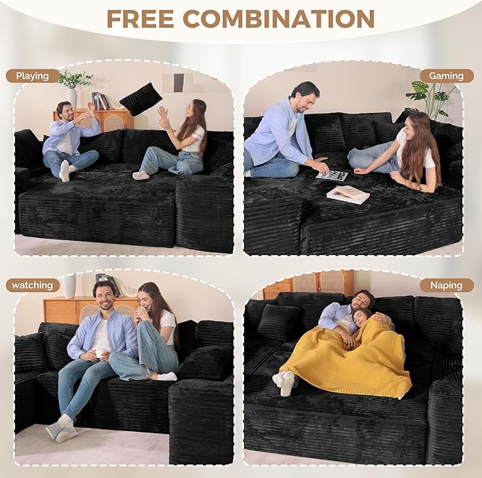 136'' Large Sectional Cloud Couches with Chaise U Shaped Boneless Loveseat Sofa No Assembly Required Deep Seat Modular Lounge for Living Room 3PCS Set Bedroom(Black)