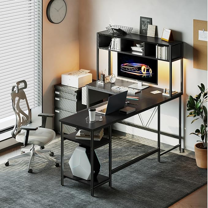 DUMOS L Shaped Gaming Desk 67” Reversible Computer Desks with Led Lights Corner Table with Keyboard Tray Side Bag Storage Shelf Metal Frame Wood Writing for Home Office Bedroom Black