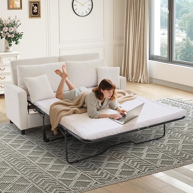 Antetek 72-inch Pull Out Sofa Bed with Mattress Convertible 2-in-1 Folding Full Size Chenille Futon Comfy Loveseat Sleeper Sofa Couch Bed with Square Arms for Guest Room Living Room Bedroom Beige