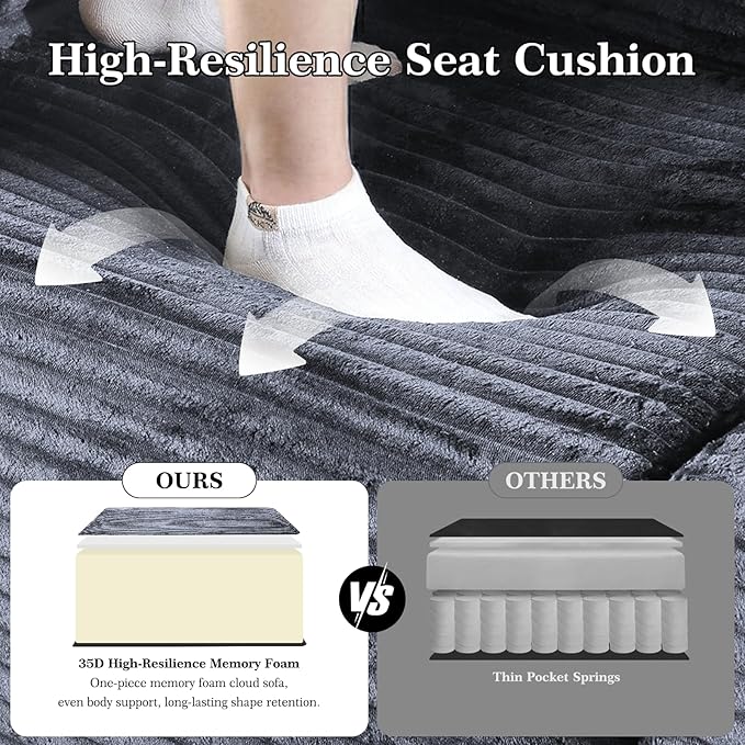 Modular Sectional Sofa with Movable Handrails Straight-Row Boneless Sofa Sectional Couch for Living Room Deep Seat Memory Foam Faux Rabbit Fur Fabric Sofa No Assembly Required(Grey)