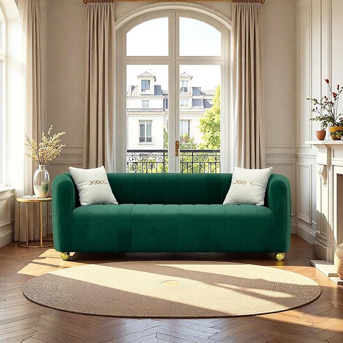 Modern Velvet Loveseat Sofa Couch for Living Room 84 Comfy Upholstered 3 Seater Sofa Couch with Gold Metal Legs &amp 2 Pillows Luxury Sectional Sofa for Bedroom Office Apartment (Green 3 Seaters)