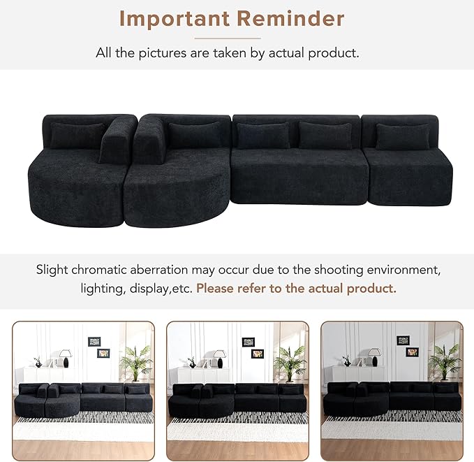Modern 143.7 Upholstered Sectional SofaFree-Combined Sofa Couch with Two Chaise Lounge and Five Back Pillowsfor Living Room Bedroom (Black#4)