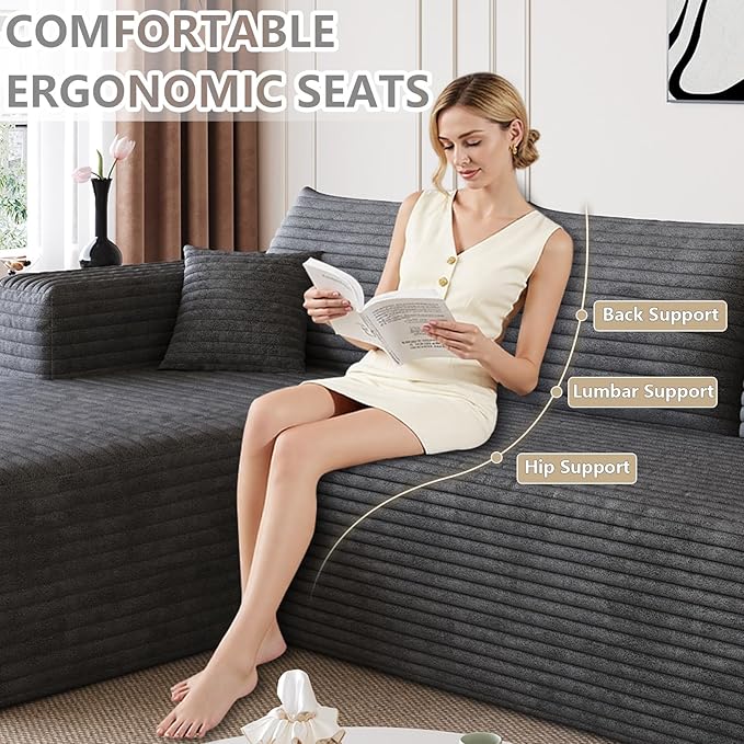 95 Cloud Sectional Couch with U-Shaped Chaise Corduroy Sectional Sofa with Ottoman Boneless Couch with Deep Seat for Living Room No Assembly Required (Dark Grey Left Facing Chaise)