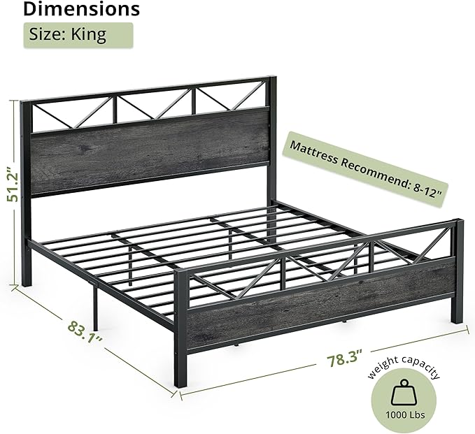 LIKIMIO King Bed Frame Tall Industrial Headboard 51.2  Platform Bed Frame with Strong Metal Support Solid and Stable Noise Free No Box Spring Needed Easy Assembly Charcoal Grey