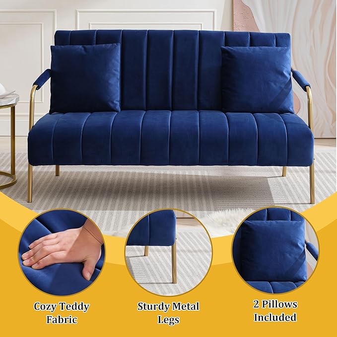 Dolonm 60 Velvet Loveseat Sofa 2 Seater Upholstered Sofa Couch with 2 Pillows Mid Centry Pleated Velvet Sofa with Gold Metal Legs Sofa for Small Space Apartment Office Bedroom