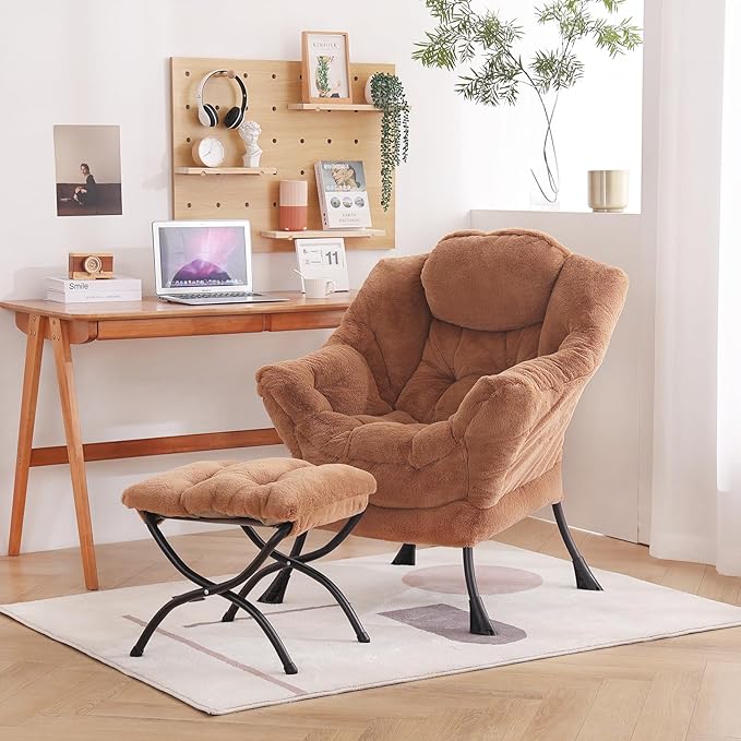 Welnow Lazy Chair with Ottoman Modern Accent Chair with Armrests and a Side Pocket Leisure Sofa Armchair Reading Armchair with Footrest for Small Space Plush Brown