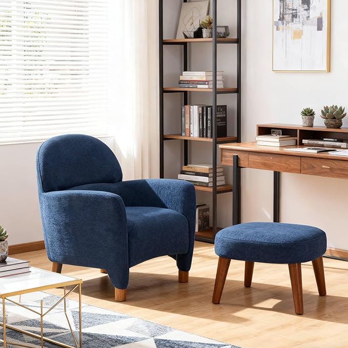 Modern Barrel Chair with Ottoman Upholstered Armchair with Wooden Legs Backrest Single Sofa Soft Cushion Seating Comfy Lounge Chair for Living RoomBedroomReading Corner (Blue)