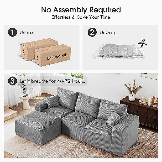 108 Modular Cloud Sectional Sofa 17.8 Comfort Height &amp Neck Pillow Modern Corduroy Couch with L-Shape Oversized Chaise for Living Room Bedroom No Assembly Required (Grey)