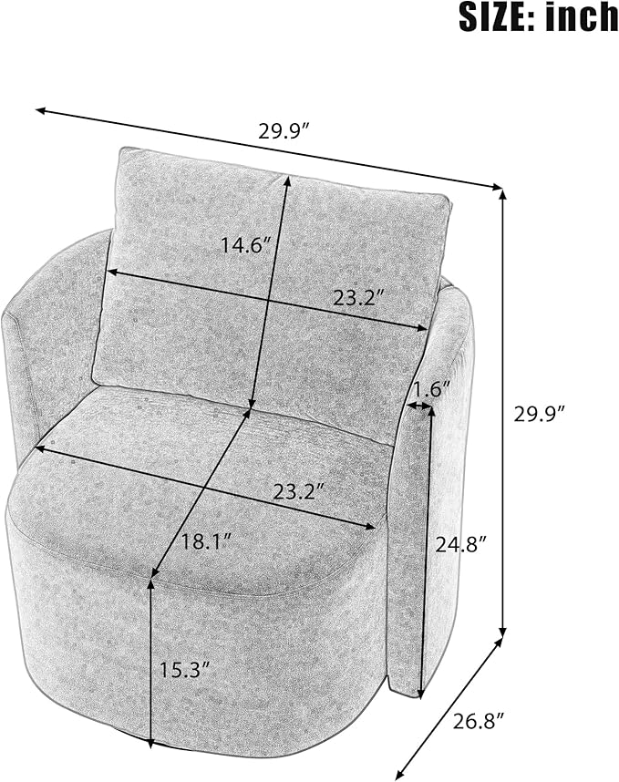 360° Swivel Chair Modern 29.9 Accent Barrel Armchair Single Sofa Armchair with Curved Design and Side Pockets Upholstered Swivel Sofa Chair for Living Room Bedroom Office and Hotel (Grey/437)