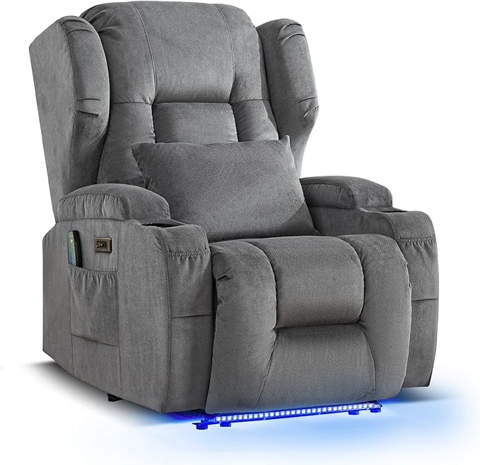 Wall Hugger Power Recliner Chair with Massage &amp Heat Electric Home Theater Reclining Chair with Cup Holder USB Port LED Light Linen Living Room Chair (Grey Single)