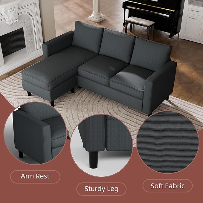 Nuturelly Nutually Convertible Sectional Sofa Couch with Movable Ottoman 3-Seater Modern L-Shaped Sofa for Small Spaces Soft Fabric Couch for Living Room Small Apartment &amp Office(Dark Gray)