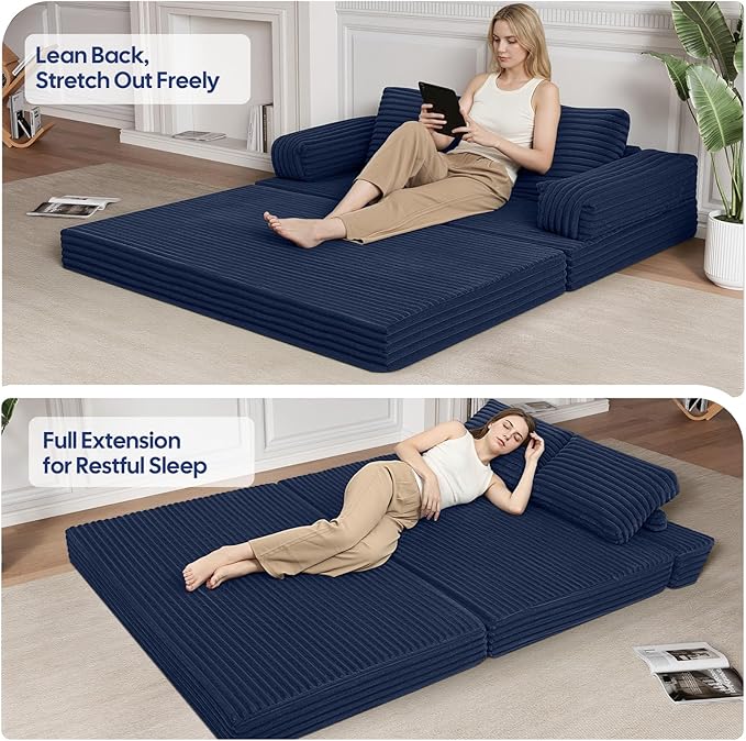 MeMoreCool Convertible Sofa Bed Folding Floor Couch Bed Queen Pull Out Sleeper Couch with Pillows Fold Out Futon Sofa for Bedroom Living Room Small Space Corduroy Beige