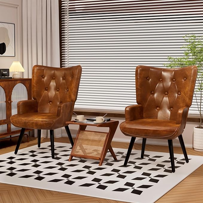 TLSUNNY Accent Chair Comfy Upholstered Armchair with Metal Legs High Backrest Living Room Chair Wingback Chair Mid Century Modern for Living Room/Vanity/Bedroom PU Brown (2 pcs)