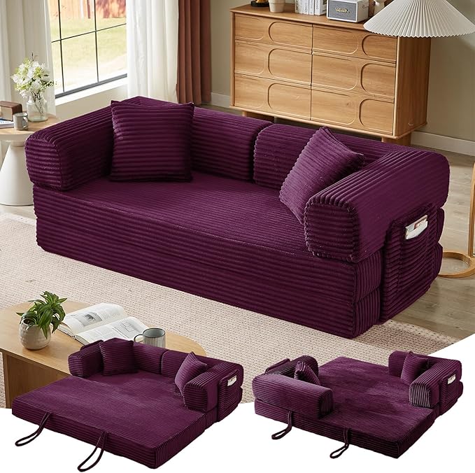 Convertible Folding Sofa BedFold Out Floor Sofa Couch with Fixed-Shape FrameCorduroy Foldable Mattress Cloud Couch for Living Room Bedroom (Purple-1 81 Inch)