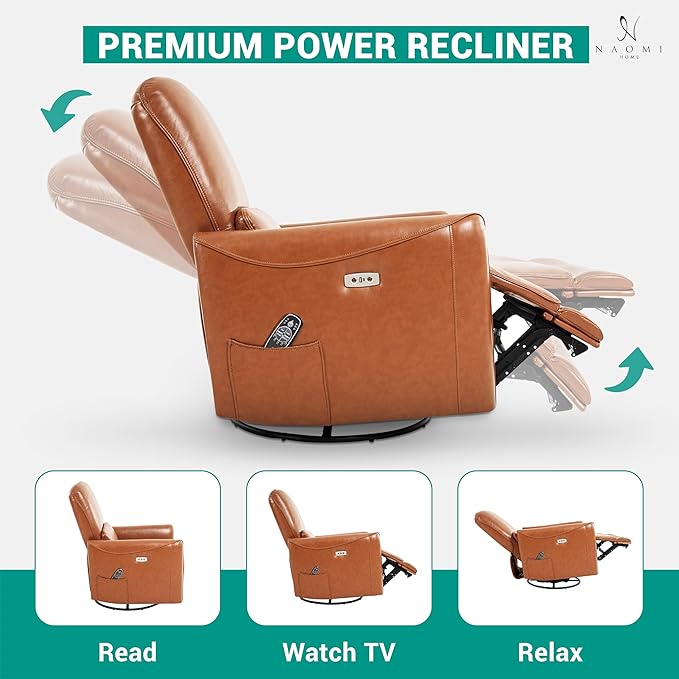Naomi Home Willa Luxury Swivel Recliner Chair – Faux Leather Reclining Sofa for Living Room &amp Nursery with Lumbar Support Vibration Massage &amp Heating Function Caramel
