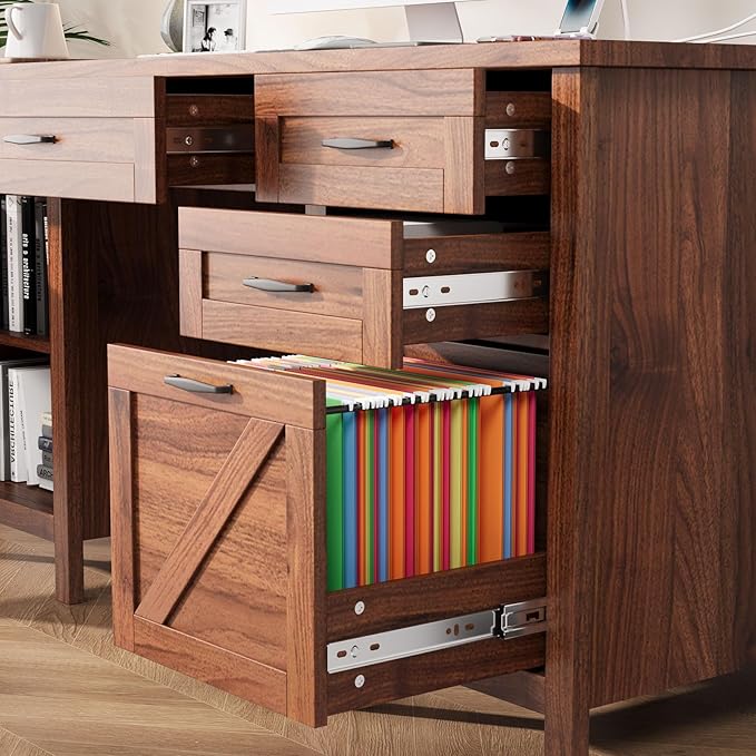 VOWNER Executive Desk with File Drawer Farmhouse Office Desk with Charging Station Computer Desk Workstation for Home Office Walnut