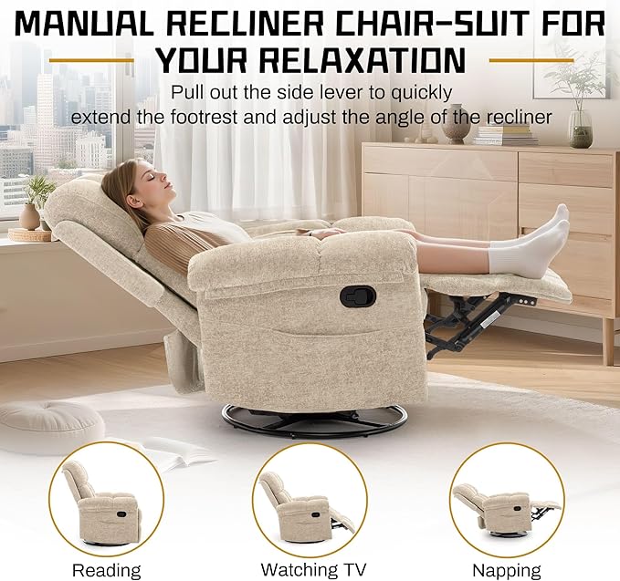 Recliner Chair Swivel Rocker Recliner Chair for Adults Small Recliners for Small Spaces Manual Recliner with Side Pockets Upholstered Nursery Rocking Chair for Living Room Chenille Khaki