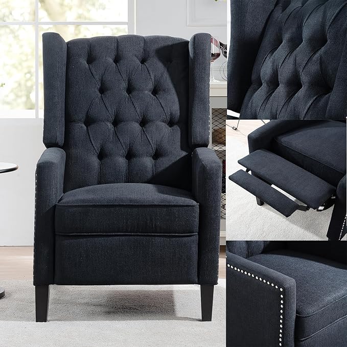 Pushback ReclinerComfortable Wingback Recliner Sofa Chair with Adjustable Backrest Tufted Fabric Upholstered ArmchairRetro Rivets Decorated Recliner for Living Room Bedroom Office Home(Black)
