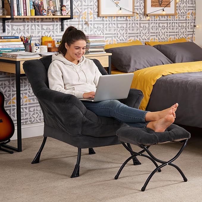 Lazy Chair with Folding Ottoman Modern Accent Lounge Armchair with Armrests and a Side Pocket &amp Foldable Footstool Leisure Reading Chair for Living Room Bedroom Dorm &amp Office Plush Navy