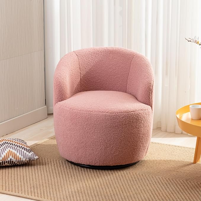 Swivel Barrel Accent Chair 360° Swivel Chair with Black Powder Coating Metal Ring Small Leisure Chair Single Sofa Chair for Living Room Hotel Bedroom Office Coffee Shop (Pink + Wool)