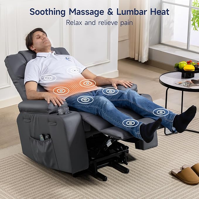 Brage Living Power Lift Recliner Chair for Elderly with Massage &amp Heat PU Leather Electric Recliner with 160° Adjustable Recline Stand Assist Remote Control Cup Holders &amp Side Pockets (Gra