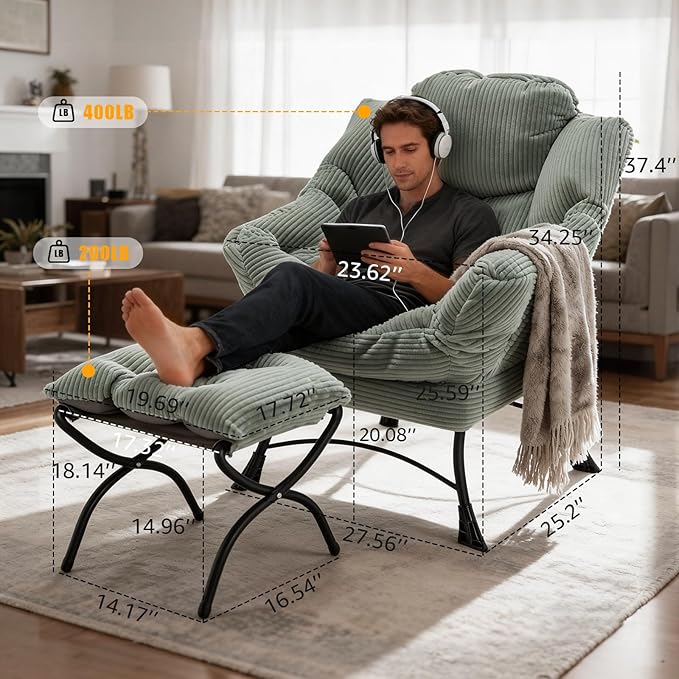 Oversized Lazy Chair with Ottoman for Adults Chair and Ottoman Set Modern Skinny Lounge Chair with Footrest Wide Reading Chair for Living Room/Bedroom Comfy Accent Armchair for Small Spaces Green
