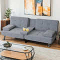 Shahoo Modern Linen Upholstered Convertible Folding Futon Sofa Bed with Removable Armrests Metal Legs 2 Cup Holders for Living Room Dark Grey