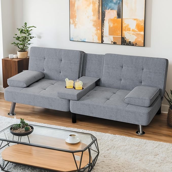Shahoo Modern Linen Upholstered Convertible Folding Futon Sofa Bed with Removable Armrests Metal Legs 2 Cup Holders for Living Room Dark Grey